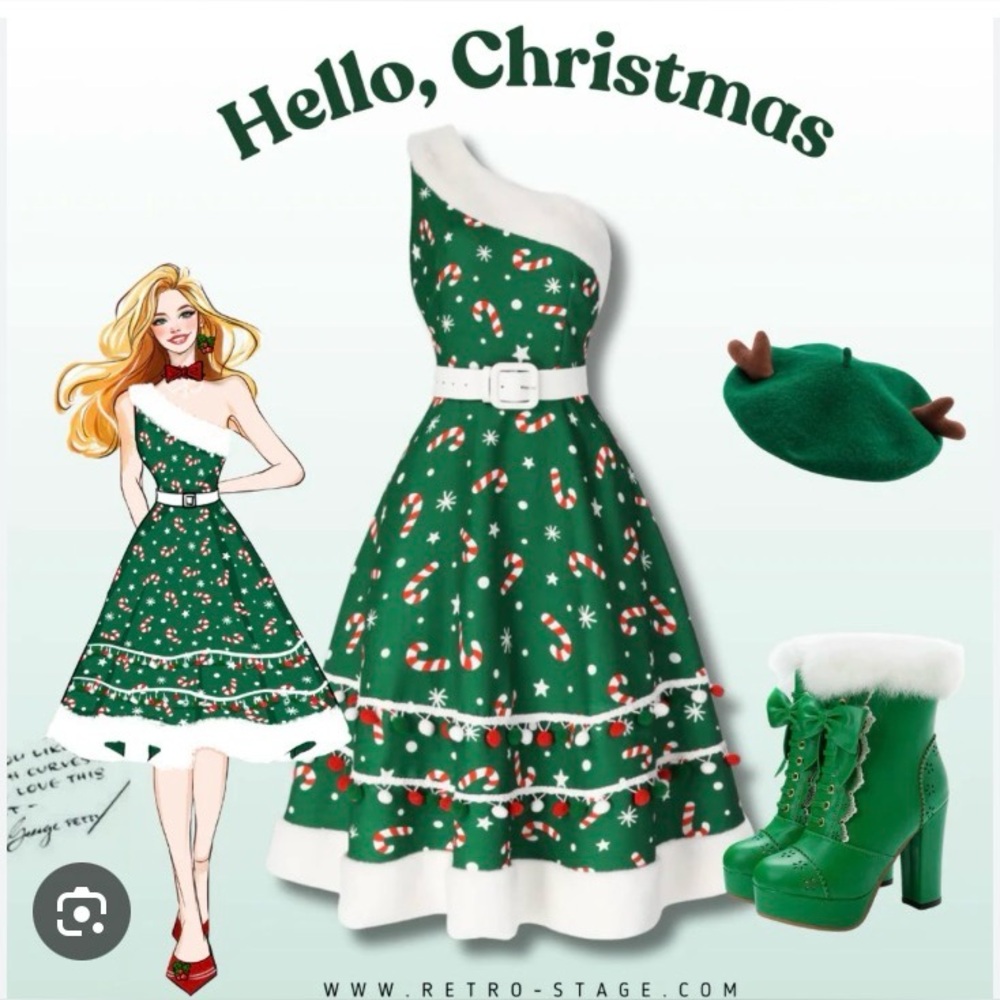 1950s Vintage Style Candy Cane One Shoulder Dress Retro Stage Fur Trim Sz L NWT